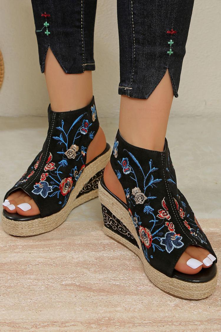 Sandali con zeppa casual con punta aperta e cinturino posteriore, motivo floreale 