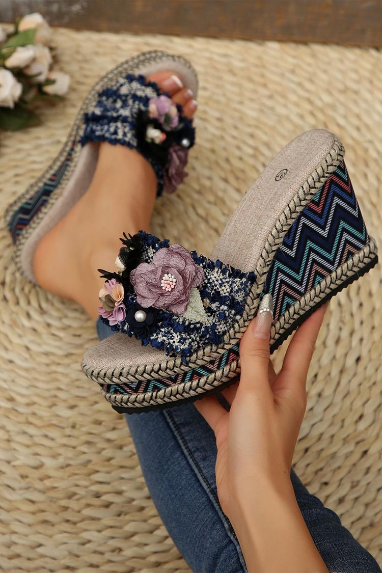 Wielokolorowa 3D dekoracja kwiatowa, okrągły nosek, casualowe, na zewnątrz, koturny na obcasie