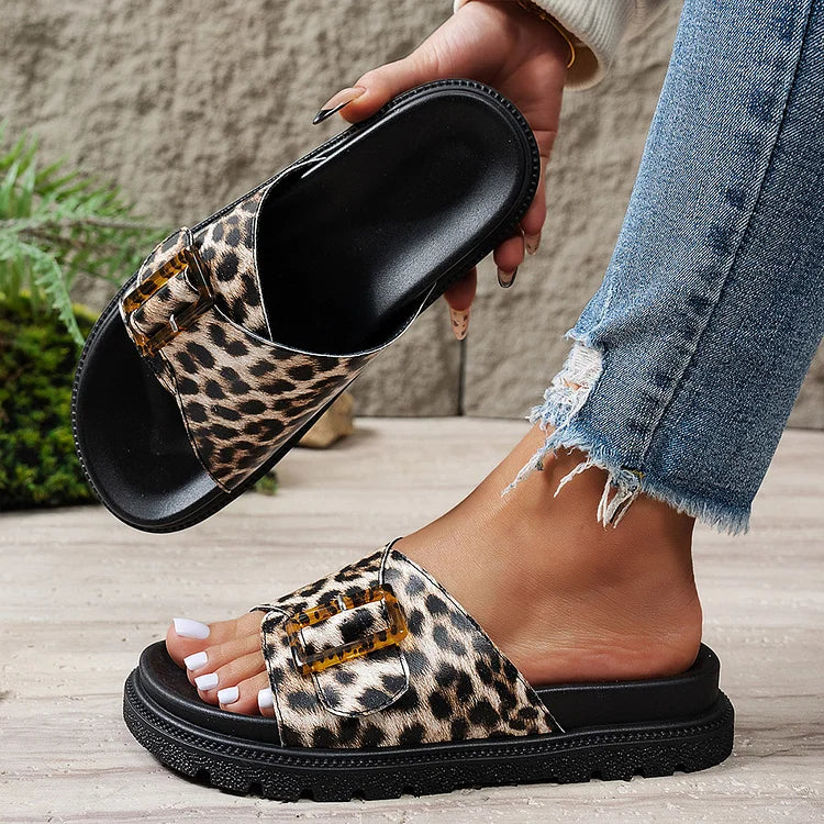 Leopard Print Strap Buckle Round Toe Casual Platform Slippers