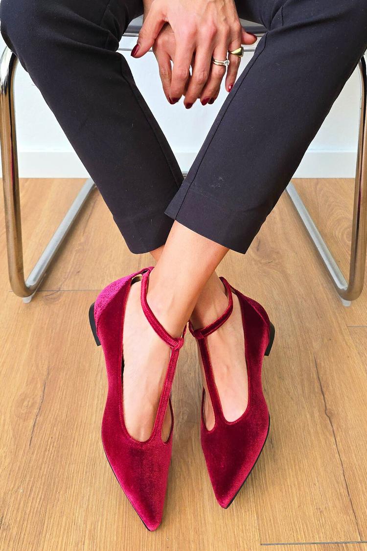 Patchwork T-Shaped Ankle Strap Pointy Toe Buckle Burgundy Flats [Pre Order]