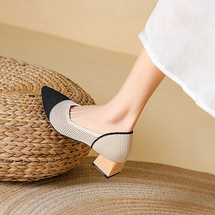 Knit Mesh Color Block Pointed Toe Elegant Chunky Heels