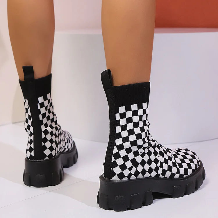 Knitted Checkerboard Pattern Round Toe Chunky Heel Ankle Boots