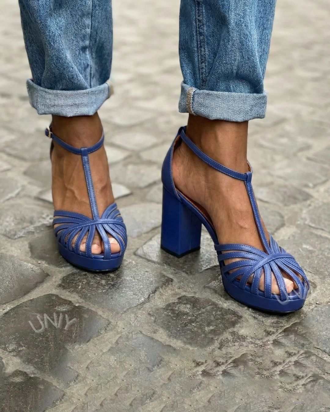 Blue T-Strap Platform Block Heel Round Toe Sandals [Pre Order]