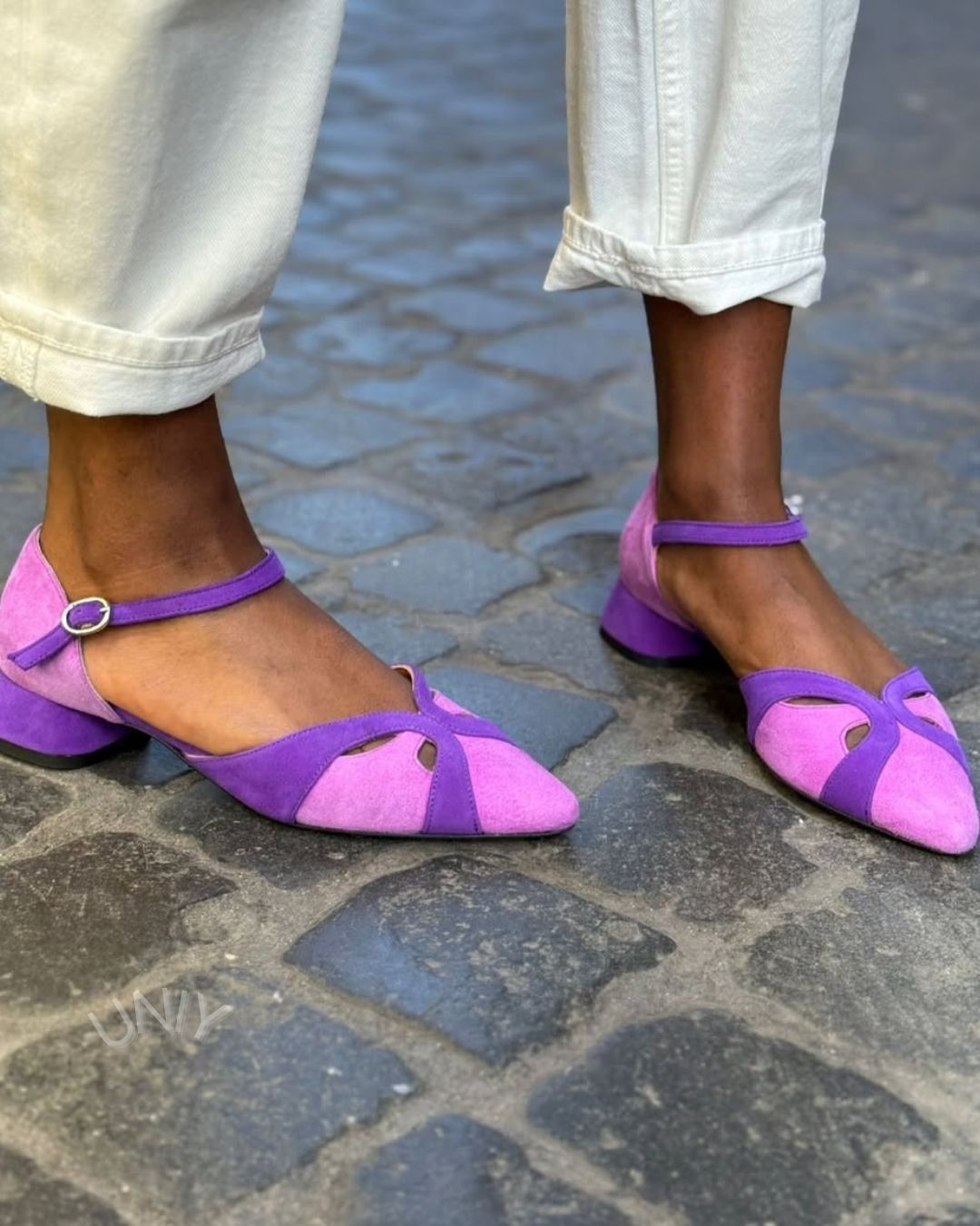 Retro Two-Tone Purple Cutout Ankle Strap Block Heels [Pre Order]