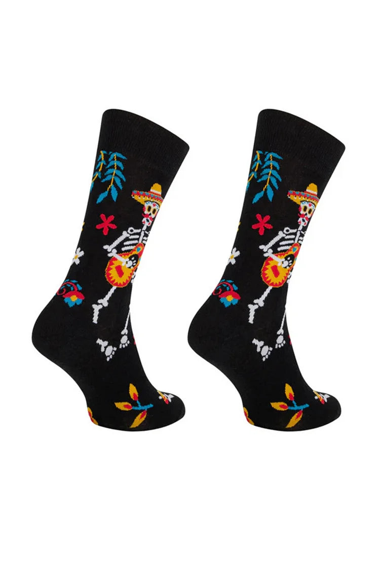 Calcetines de media pantorrilla con estampado floral de calavera y esqueleto multicolor para Halloween 