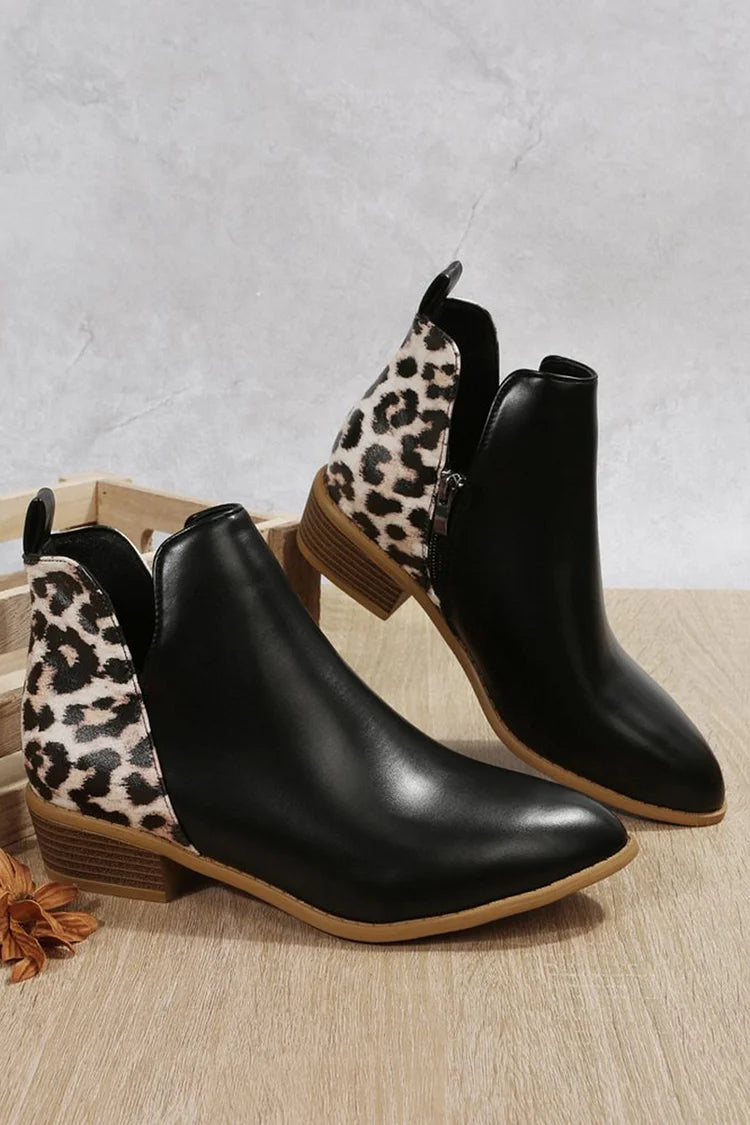 Patchwork-Stiefeletten mit spitzer Zehenpartie und Reißverschluss mit Leopardenmuster