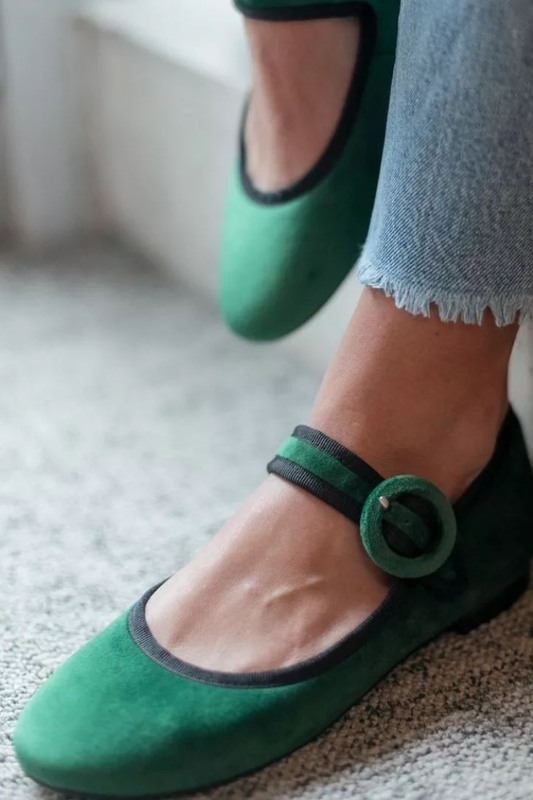 Emerald Green Suede Belted Buckle Strap Flats