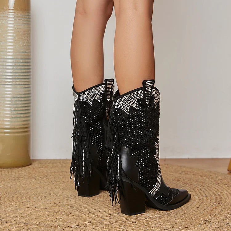 Colorblock Rhinestone Decor Fringe Pointed Toe Chunky Heel Western Boots