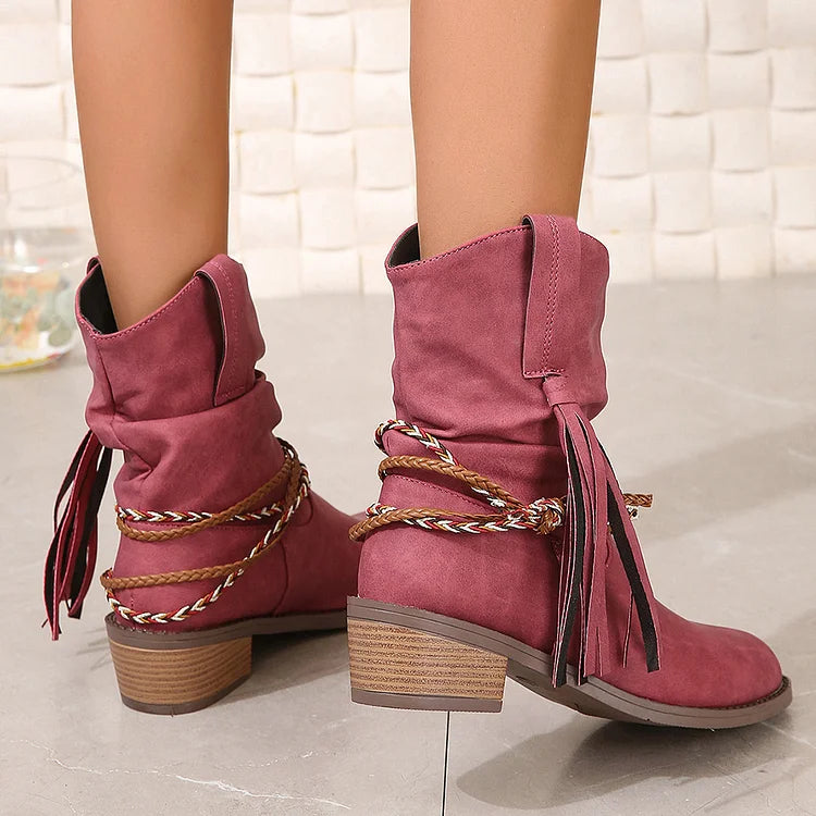 Braided Rope Tassel Decor Slouch Pointed Toe Chunky Heel Ankle Boots