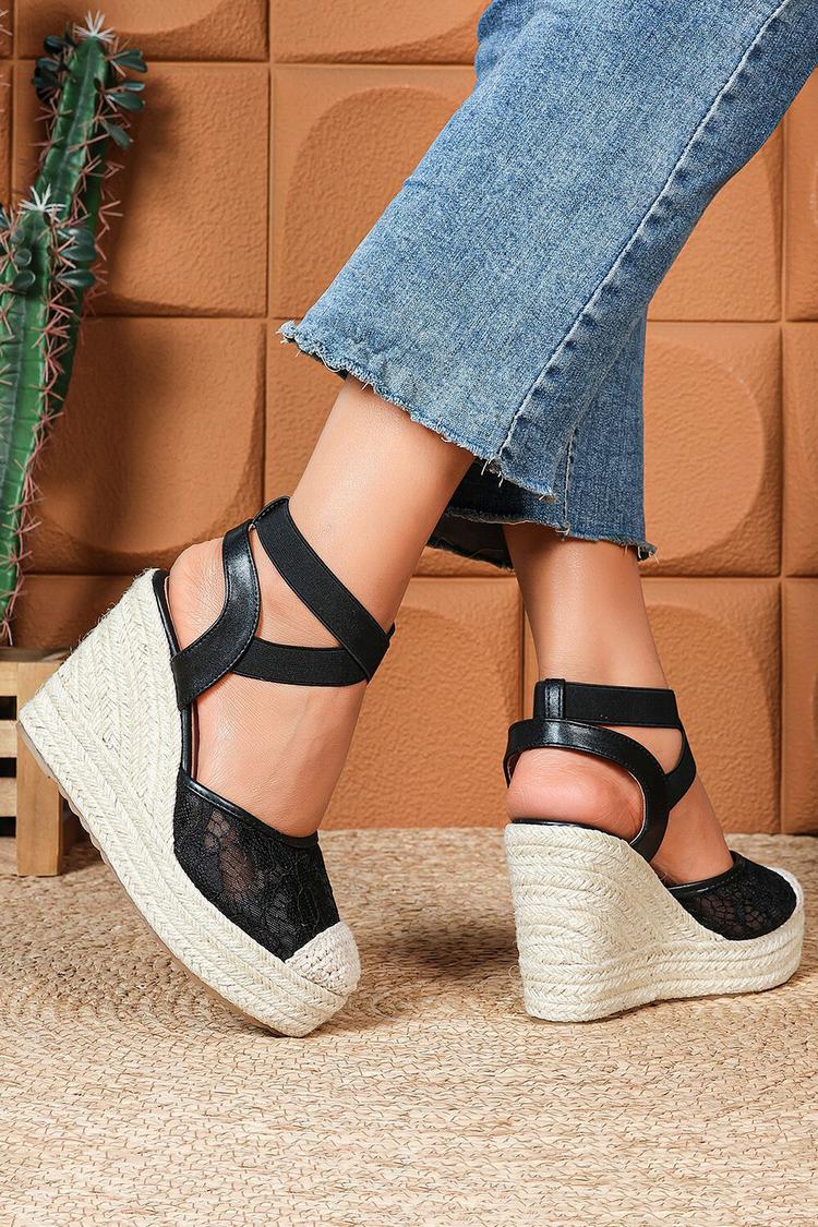 Sandali casual con zeppa, punta rotonda, cinturino incrociato e patchwork in pizzo 