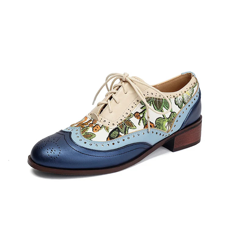 Floral Print Colorblock Patchwork Rundspitze Schnür-Brogue Oxfords