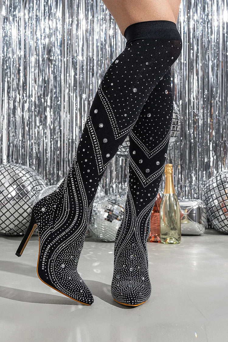 Rhinestone Decor Pointed Toe Stiletto Heel Pull On Over The Knee Boots