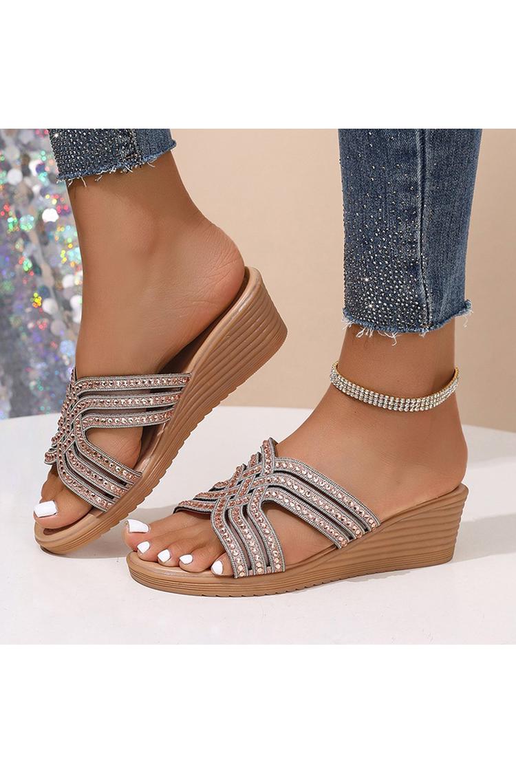 Pantofole casual con zeppa, punta rotonda e decorazioni in strass