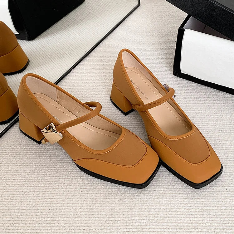 Color Block Patchwork Instep Strap Buckle Square Toe Chunky Heels