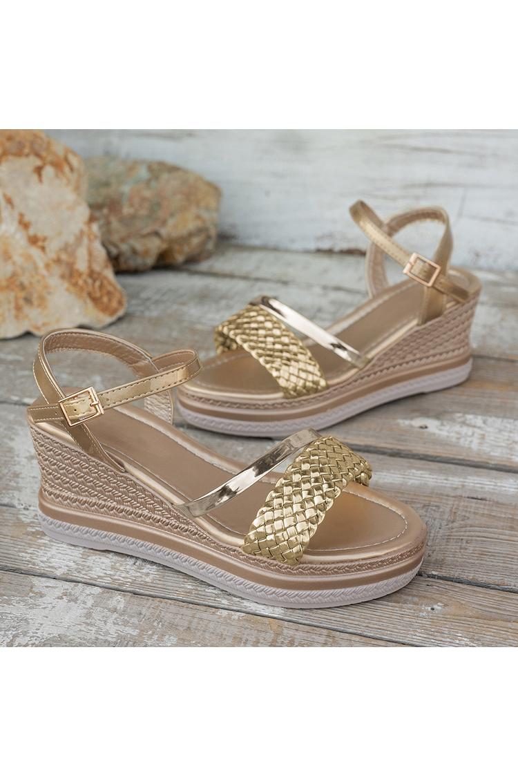 Sandali casual con zeppa, punta rotonda, cinturino intrecciato e finitura metallizzata