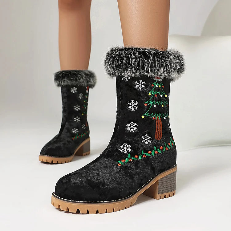 Flauschige Samt-Mittelstiefel mit runder Zehenpartie und klobigem Absatz mit Weihnachtsbaum-Stickerei