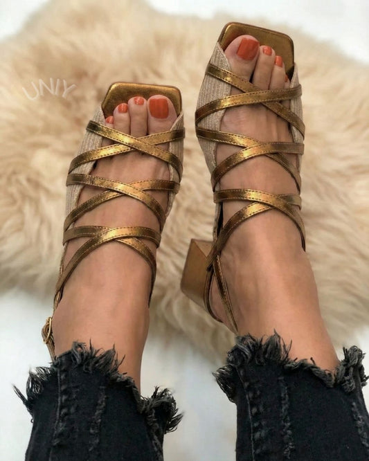 Elegant Gold Strappy Square Toe Chunky Block Heel Sandals [Pre Order]