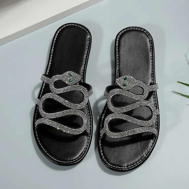 Pantuflas con punta redonda y correa en forma de serpiente con diamantes de imitación 