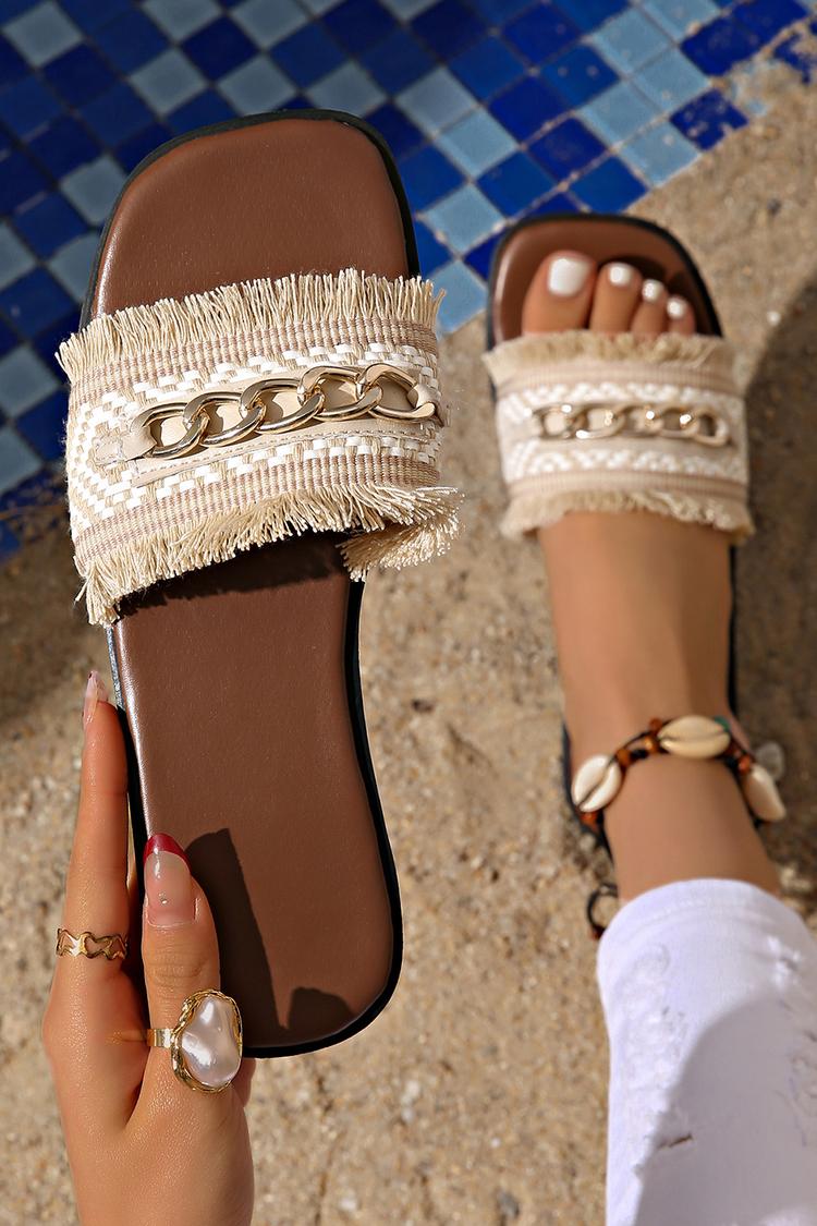 Pantofole casual con punta quadrata, stile boho, con decorazione a catena in metallo e frange 