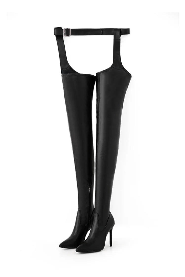 Solid Color Pointed Toe Stiletto Heel Belt Over The Knee Boots