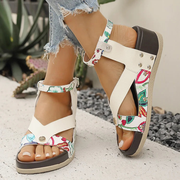 Patchwork Leopard Print Metal Rivets Round Toe Wedge Sandals