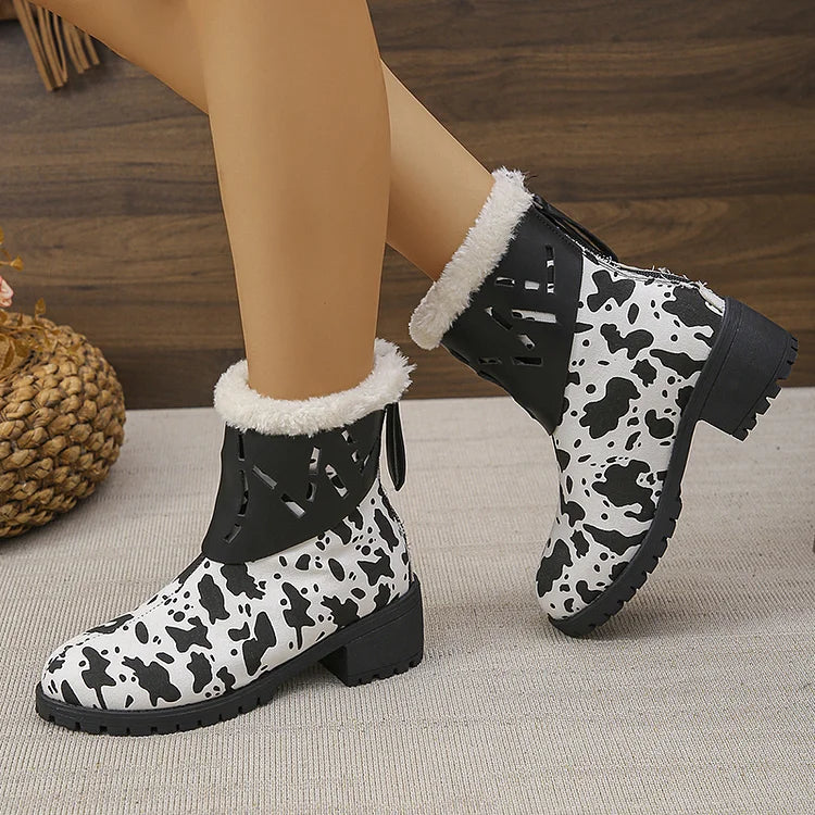 Fuzzy Cow Print Hollow Out Patchwork Round Toe Schneestiefel