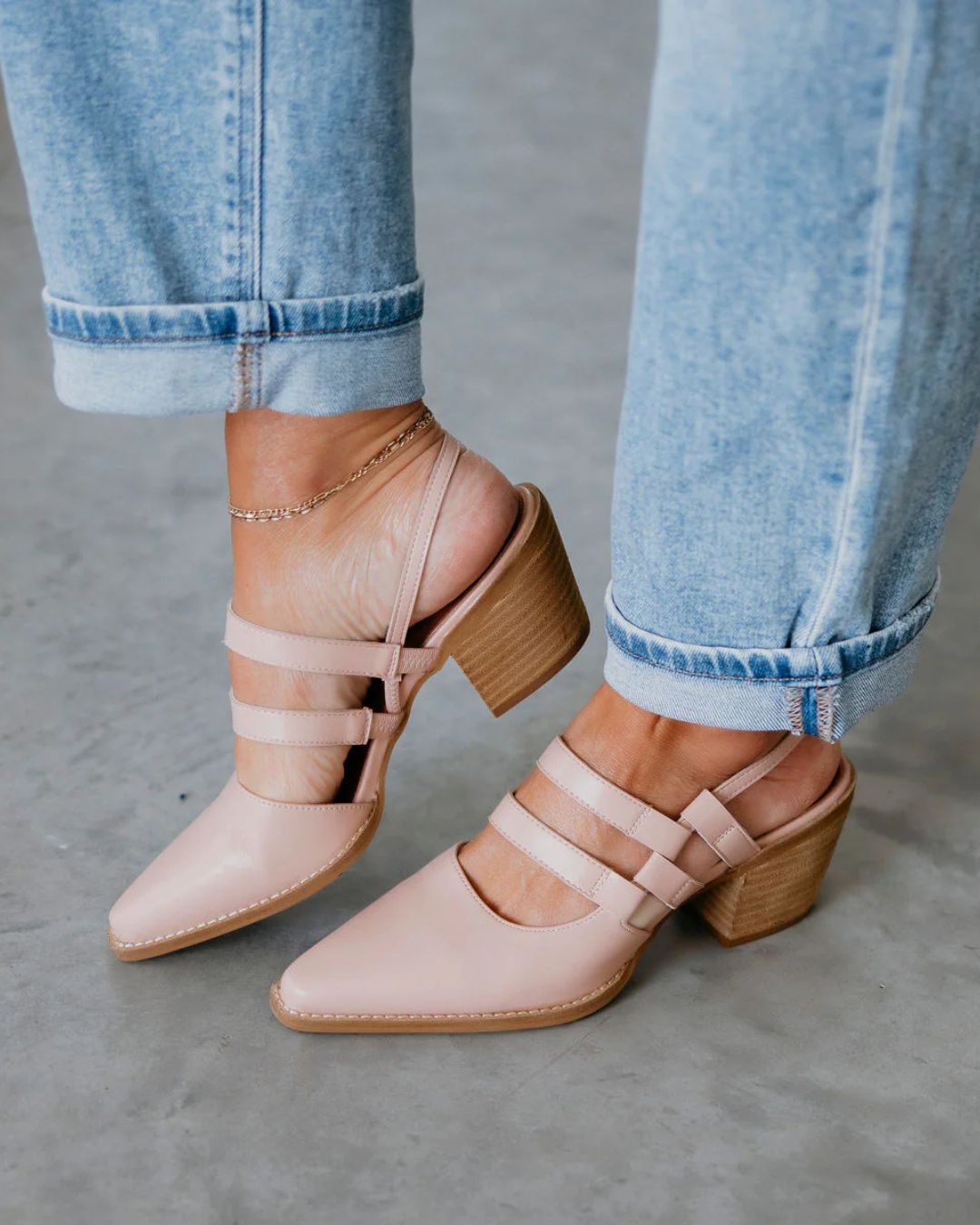 Einfarbige spitze Zehen Doppelriemen Slingback Blockabsätze [Vorbestellung]