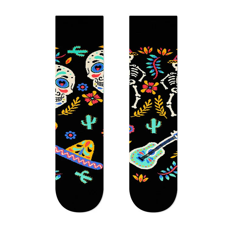 Calcetines de media pantorrilla con estampado de esqueleto de guitarra y muñeco de Muppet de Halloween 