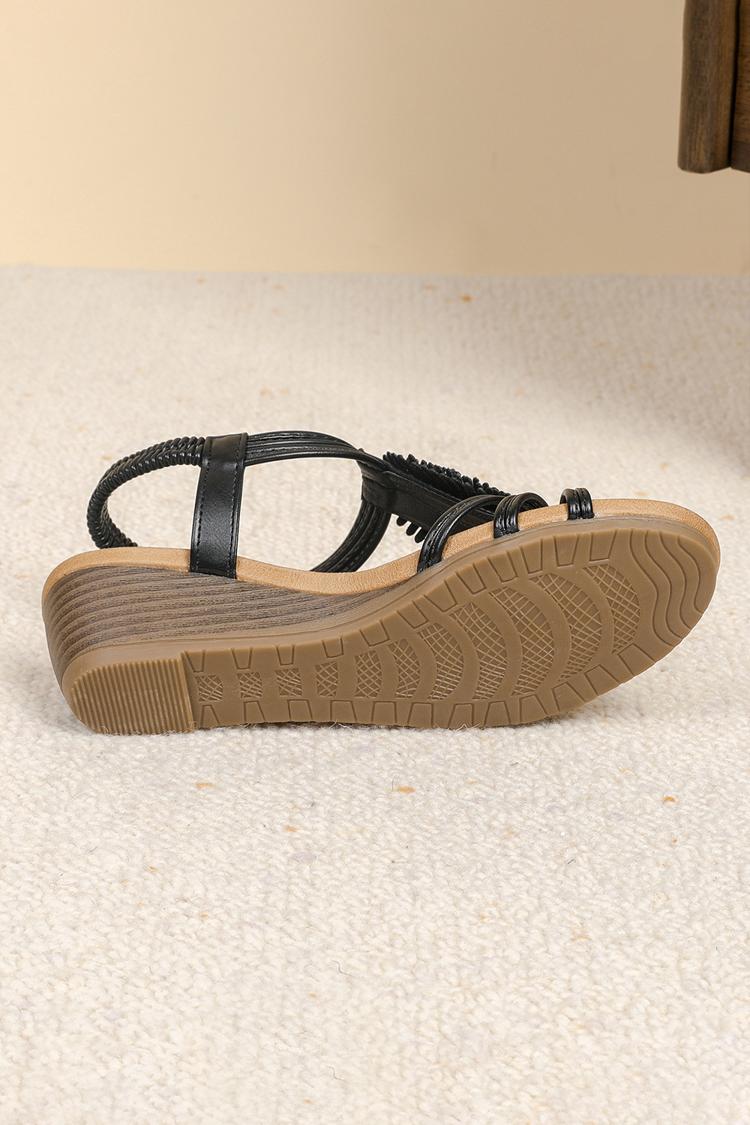 Sandalias de cuña informales con punta abierta estilo bohemio y decoración de diamantes de imitación