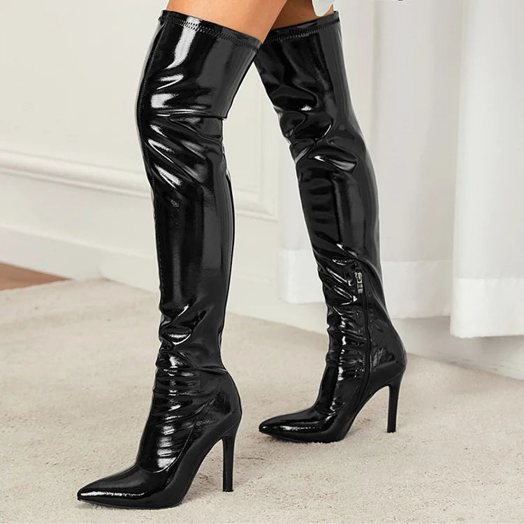 Pointed Toe Zipper Solid Color Stiletto Heel Over The Knee Boots