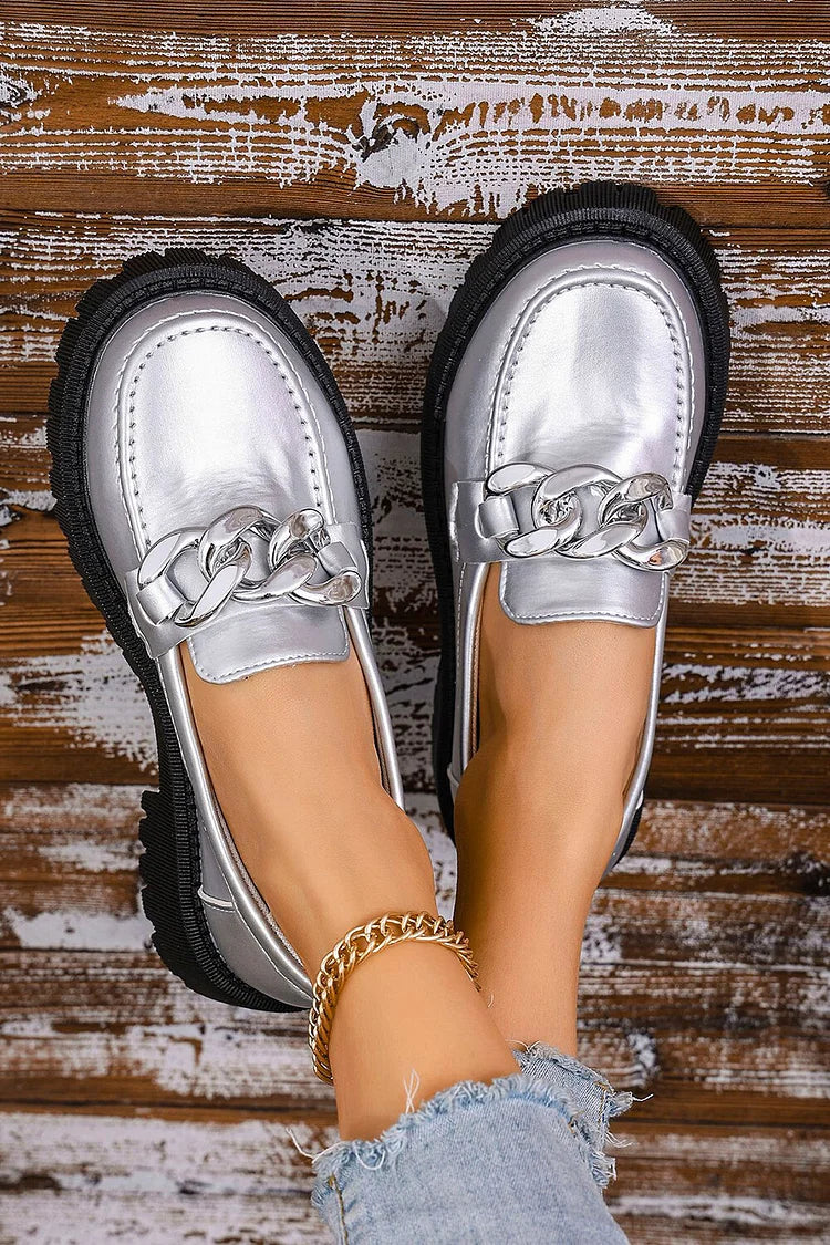 Metallic Sheen Round Toe Chain Decor Low Block Heel Loafers