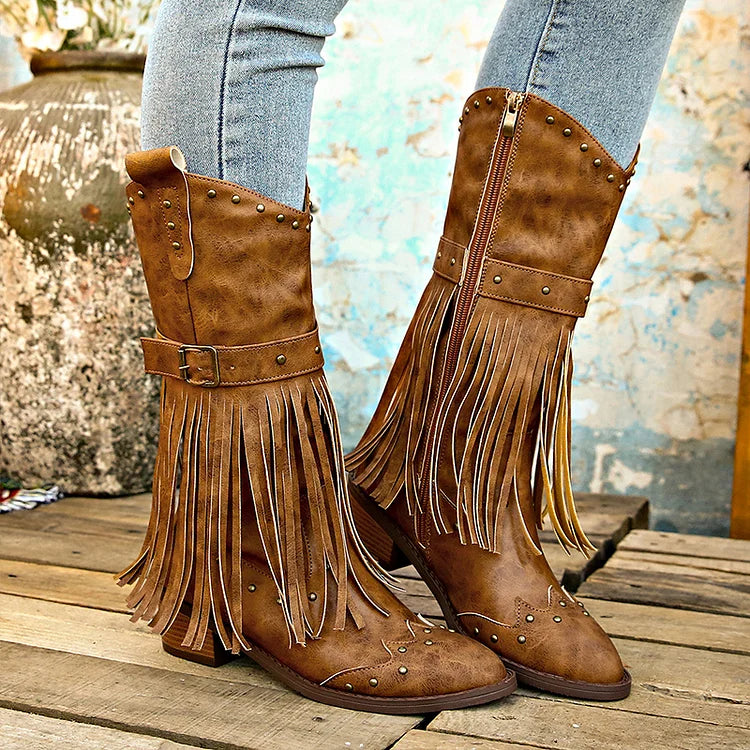 Metal Rivets Fringed Trim Pointed Toe Chunky Heel Mid Calf Boots