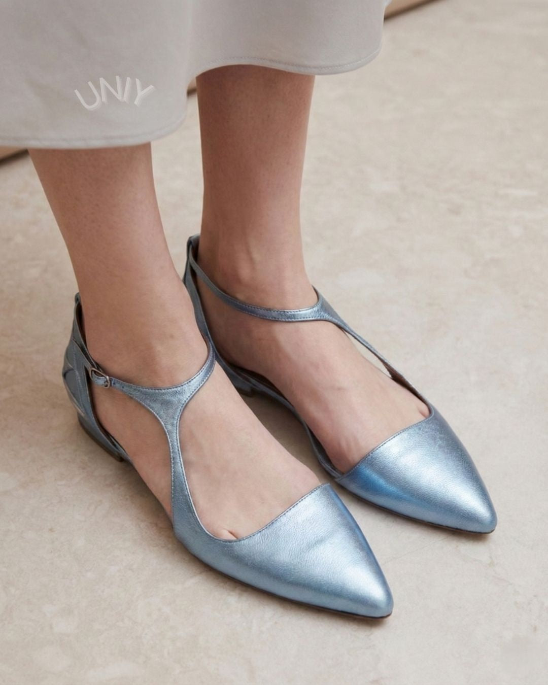 Chic Metallic Blue Pointed Toe T-Strap Versatile Flats [Pre Order]