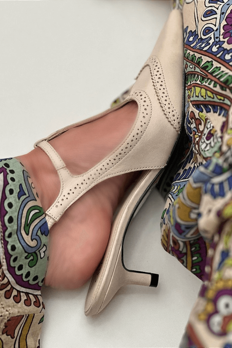 Patchwork Pointed Toe T-Strap Buckle Brown Kitten Heels