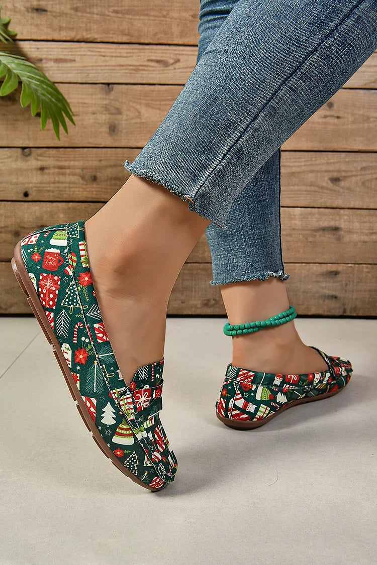 Christmas Print Patchwork Round Toe Casual Loafers