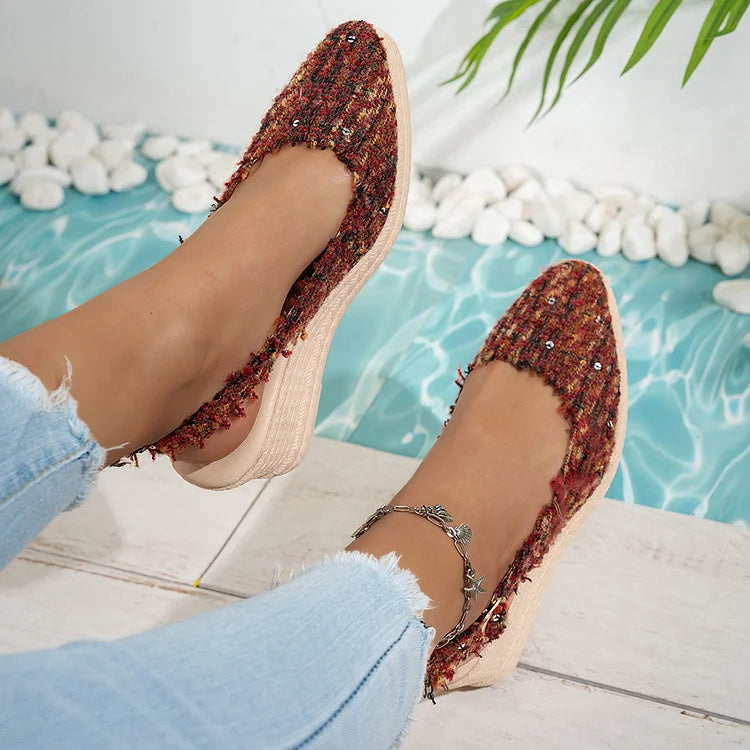 Raw Trim Pointed Toe Slingback Strap Buckle Wedge Sandals