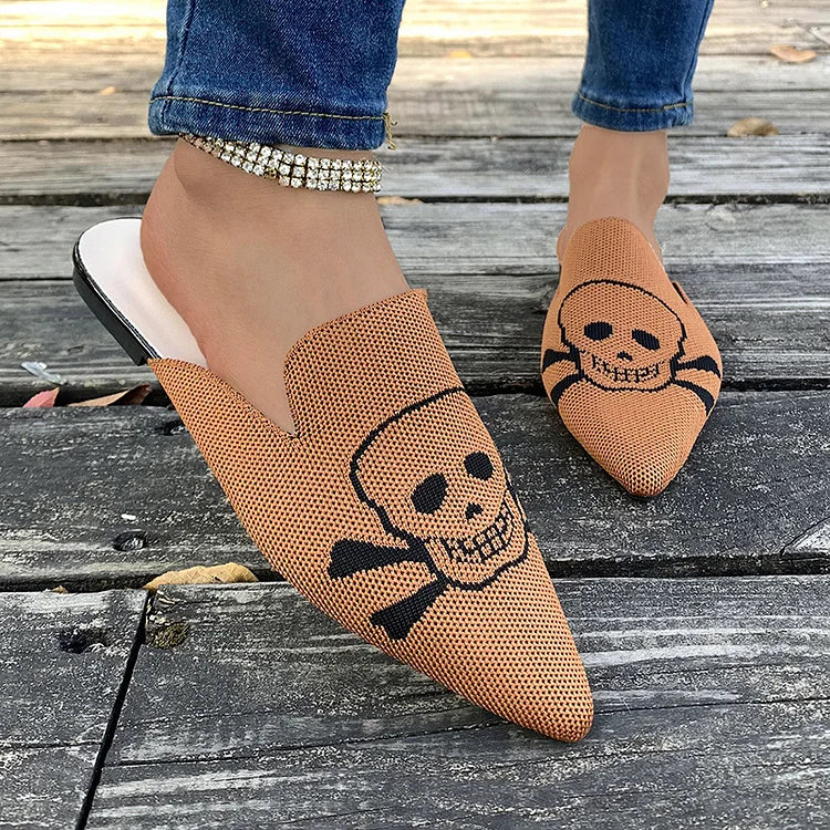 Casual Skull Print Pointy Toe Breathable Knit Mules