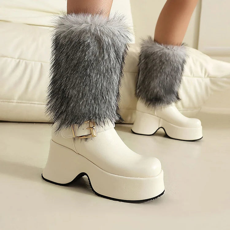 Strap Buckle Decor Faux Fur Round Toe Chunky Heel Platform Mid Boots