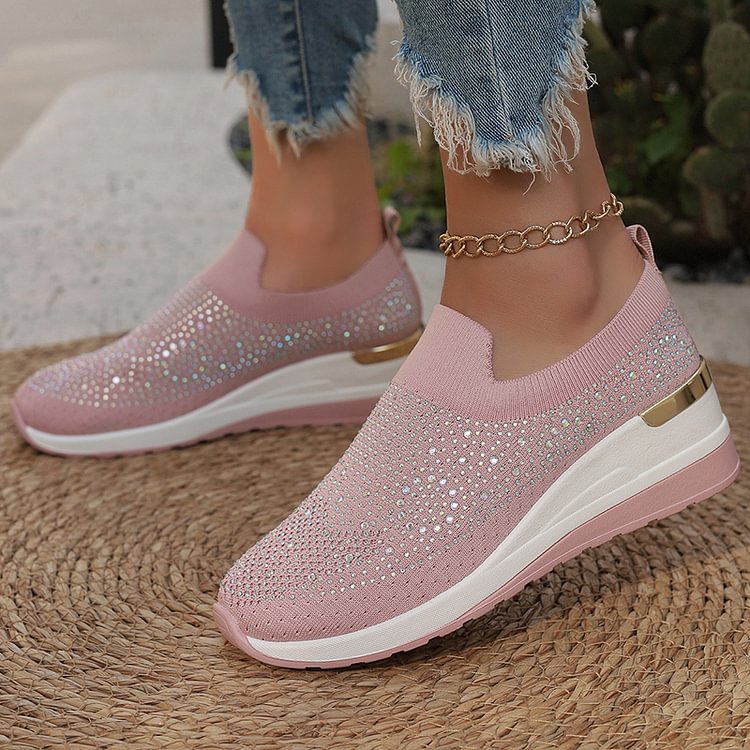 Rhinestone Embellished Round Toe Slip On Platform Casual Shoes Sneakers