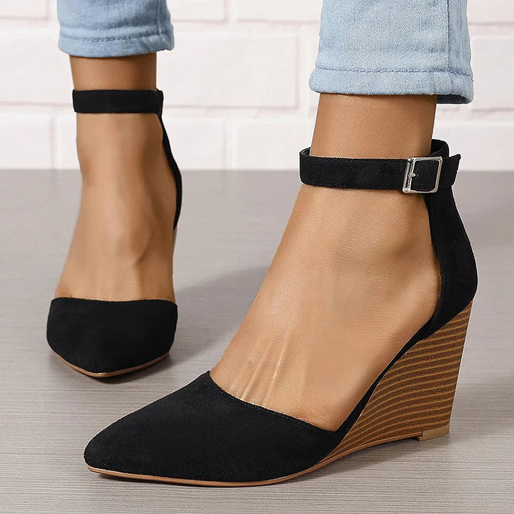 Pointy Toe Ankle Strap Buckle Solid Color Wedge Heels