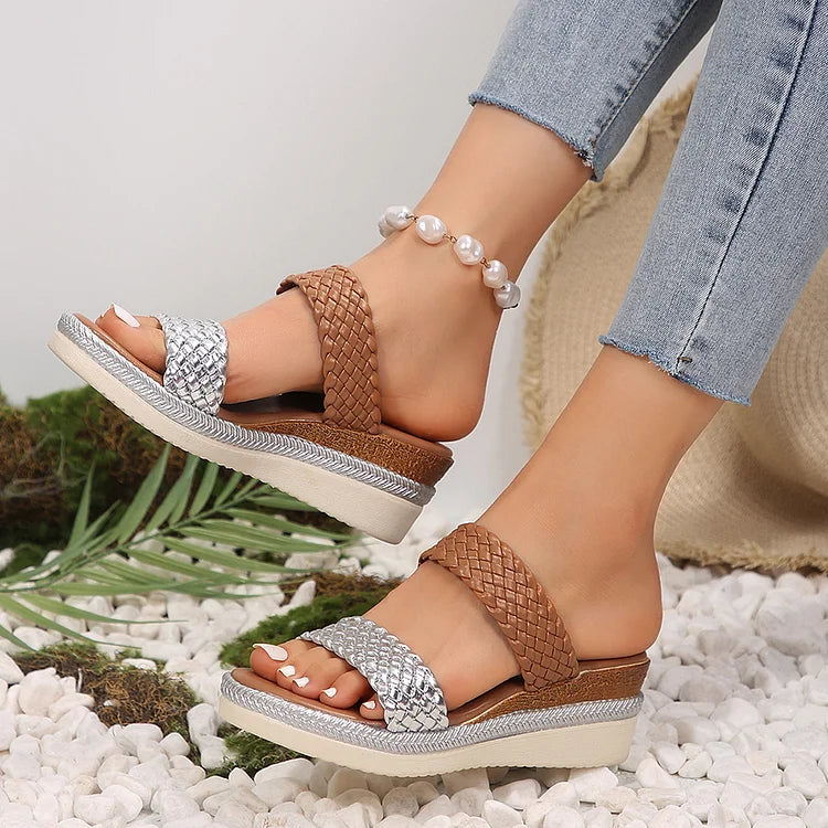 Colorblock Woven Instep Strap Open Toe Casual Wedge Slippers