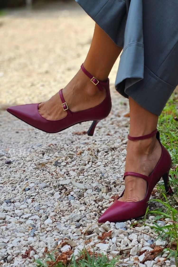 Burgundy Pointed Toe Double Strap Stiletto Heels [Pre Order]