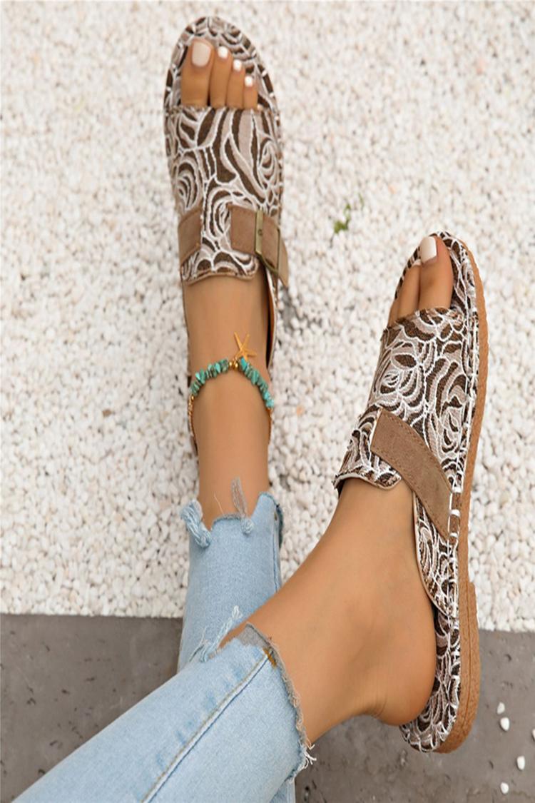 Pantuflas casuales con punta redonda, decoración con hebilla y correa con estampado de flores