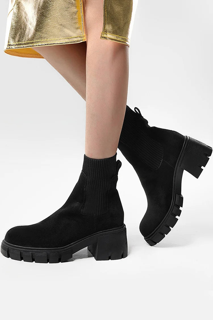 Round Toe Patchwork Casual Chunky Heel Pull On Ankle Boots