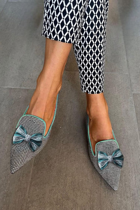 Schwarz-weiß gestreifte spitze Ballerinas mit Schleife, lässig [Vorbestellung]