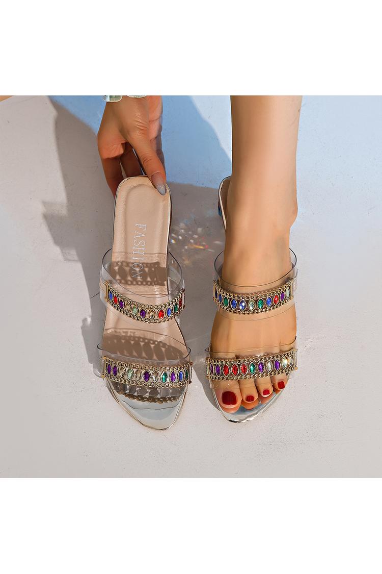 Multicolor Rhinestone Chain Decor Round Toe Casual Chunky Heels