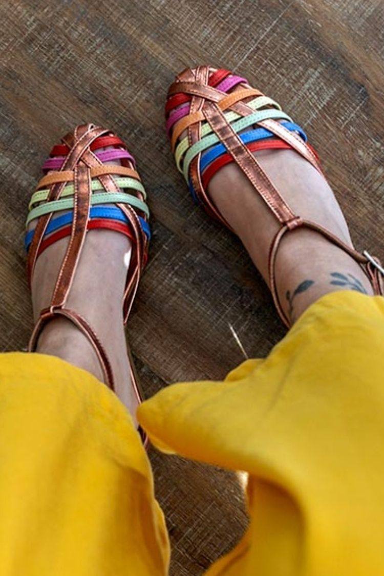 Regenbogen Metallic Gewebte Huarache Geschlossene Zehen Sandalen [Vorbestellung]