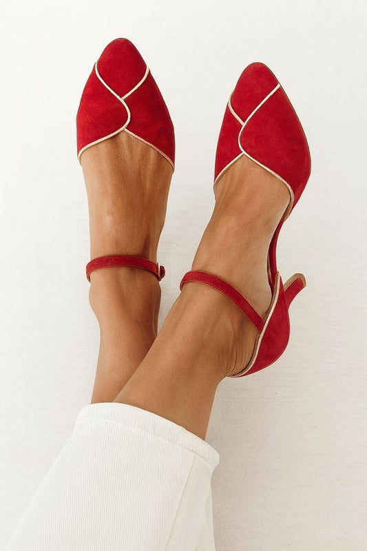 Suede Contrast Piping Ankle-Strap Pointy Kitten-Heel Classic Pumps [Pre Order]