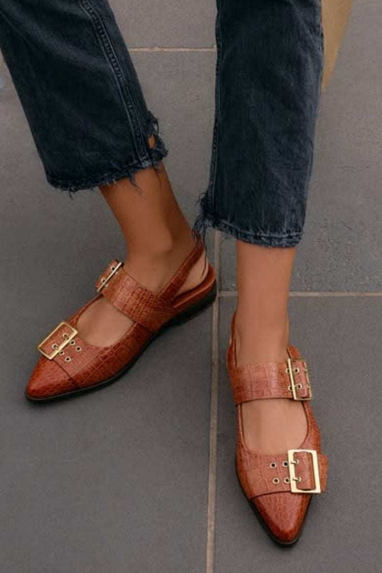 Ballerine con cinturino posteriore a punta, doppia fibbia e pelle stampa coccodrillo vintage [Pre-ordine]
