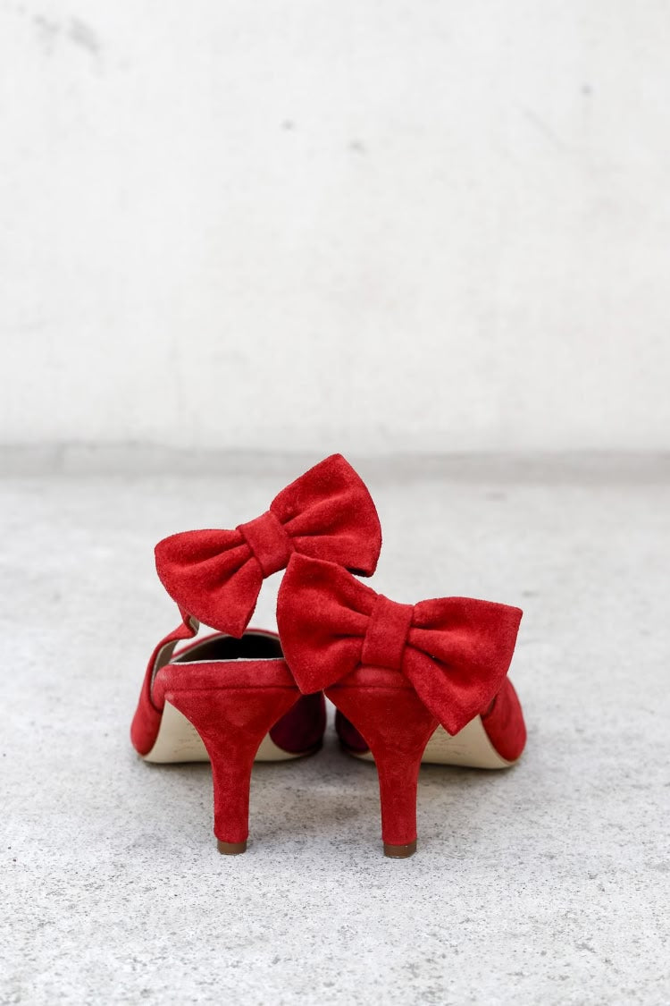 Red Suede Pointed Toe Bow Slingback Kitten Heels [Pre Order]